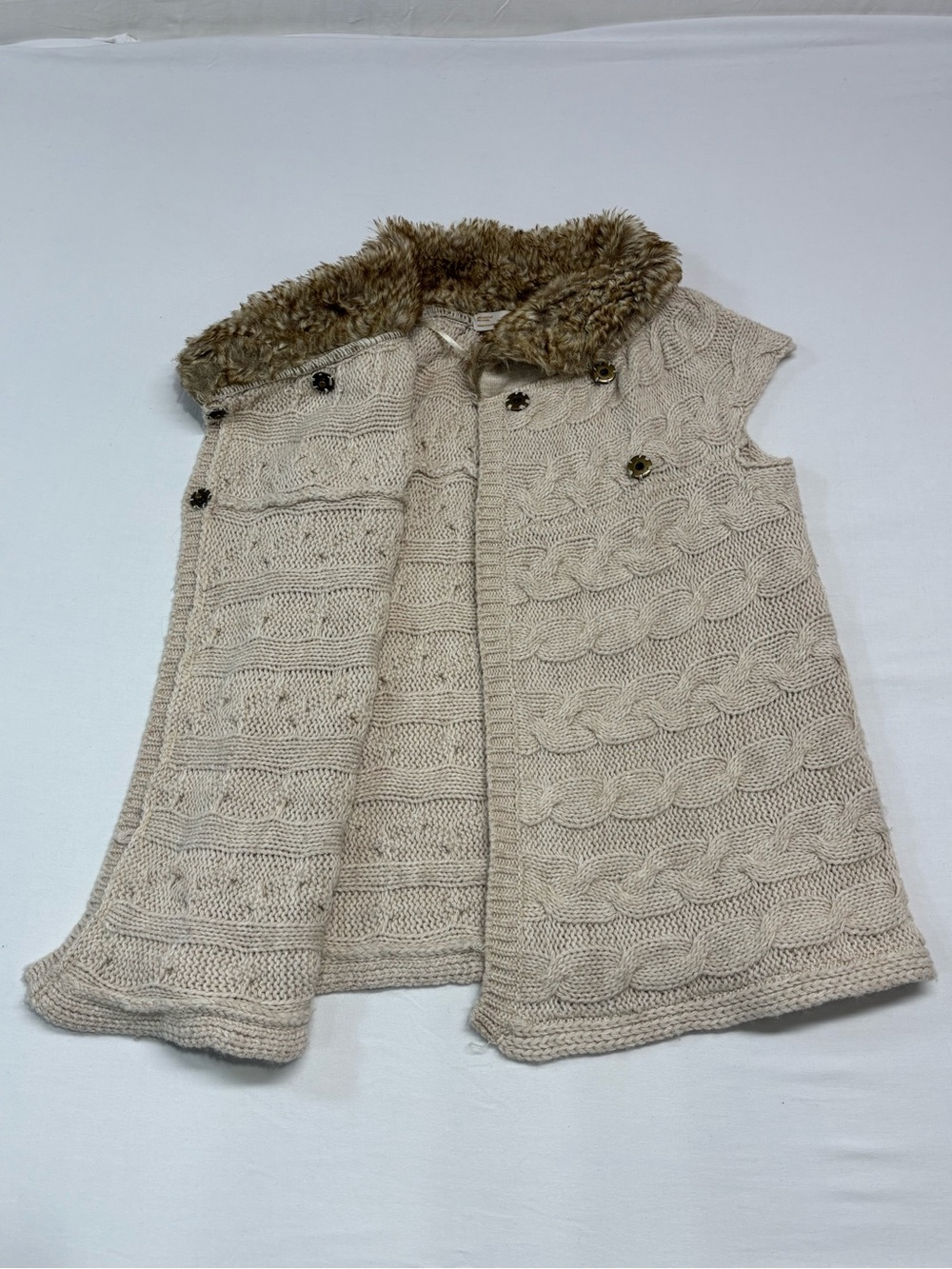 Zara Cream Cable-Knit Sleeveless Sweater Vest with Brown Faux-Fur Cowl Small 468 - Picture 5 of 6